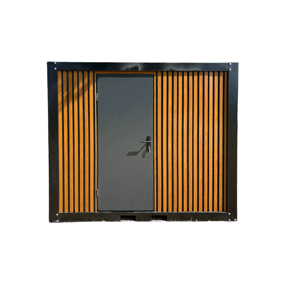 Interior front view of a portable bathroom unit with closed door