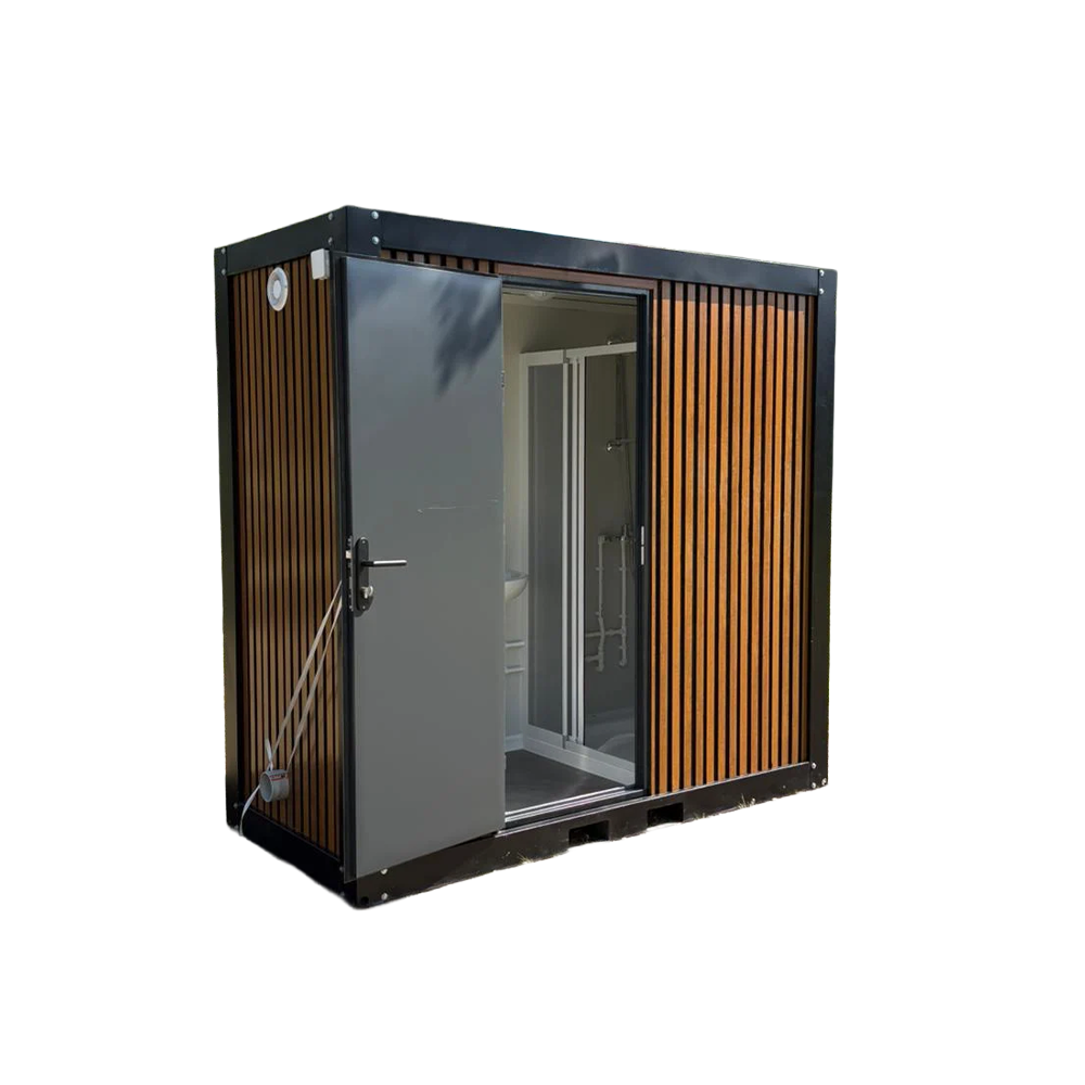 Oblique front view of the interior of a portable bathroom unit