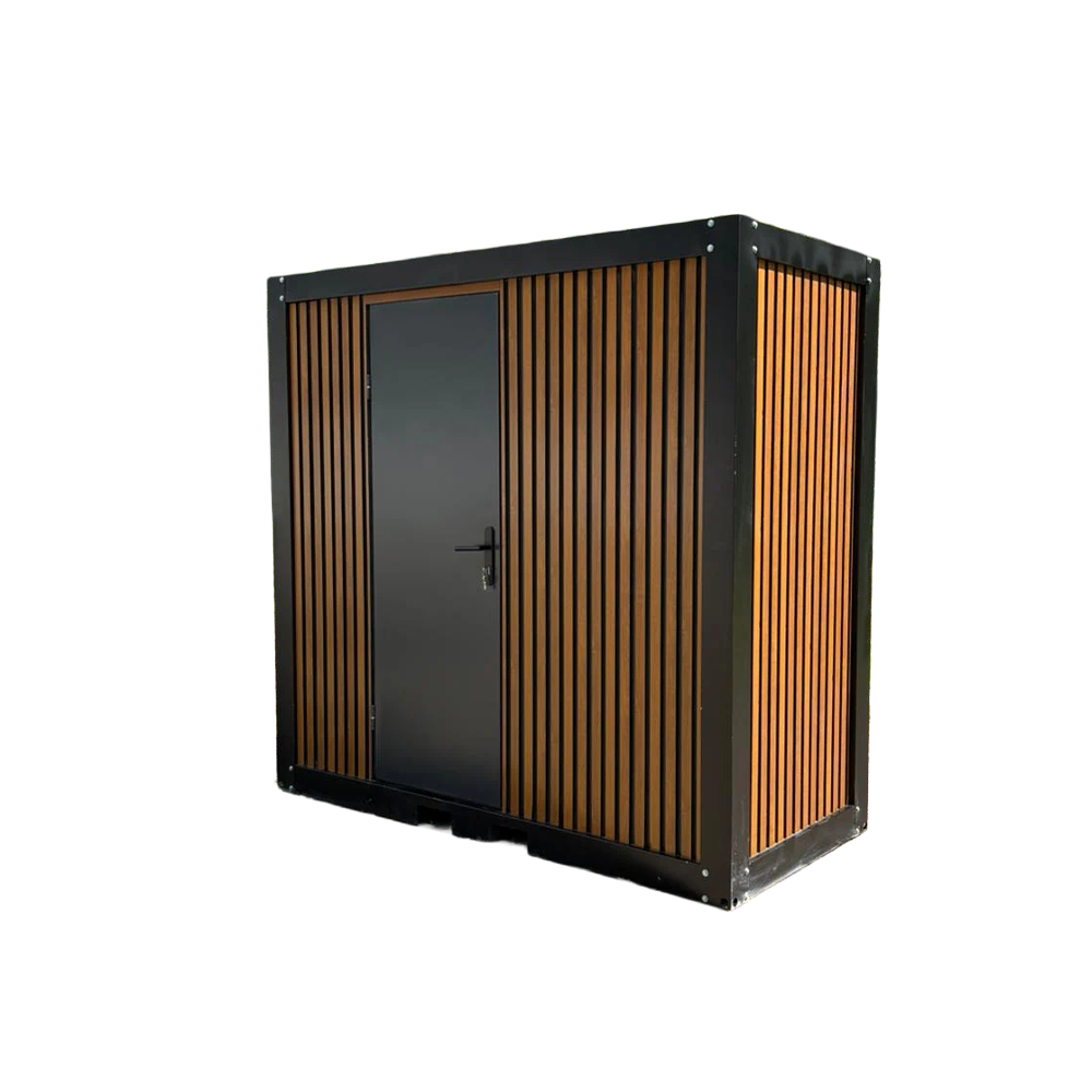 Oblique front interior view of a portable bathroom unit with closed door