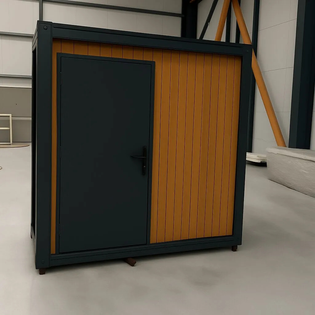 Exterior view of a portable handicap toilet unit with closed door