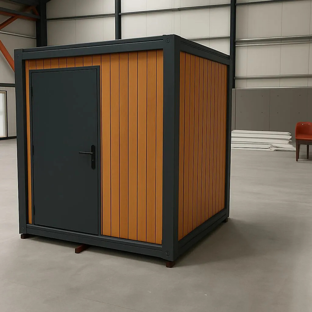 Exterior view of a portable handicap toilet unit with closed door