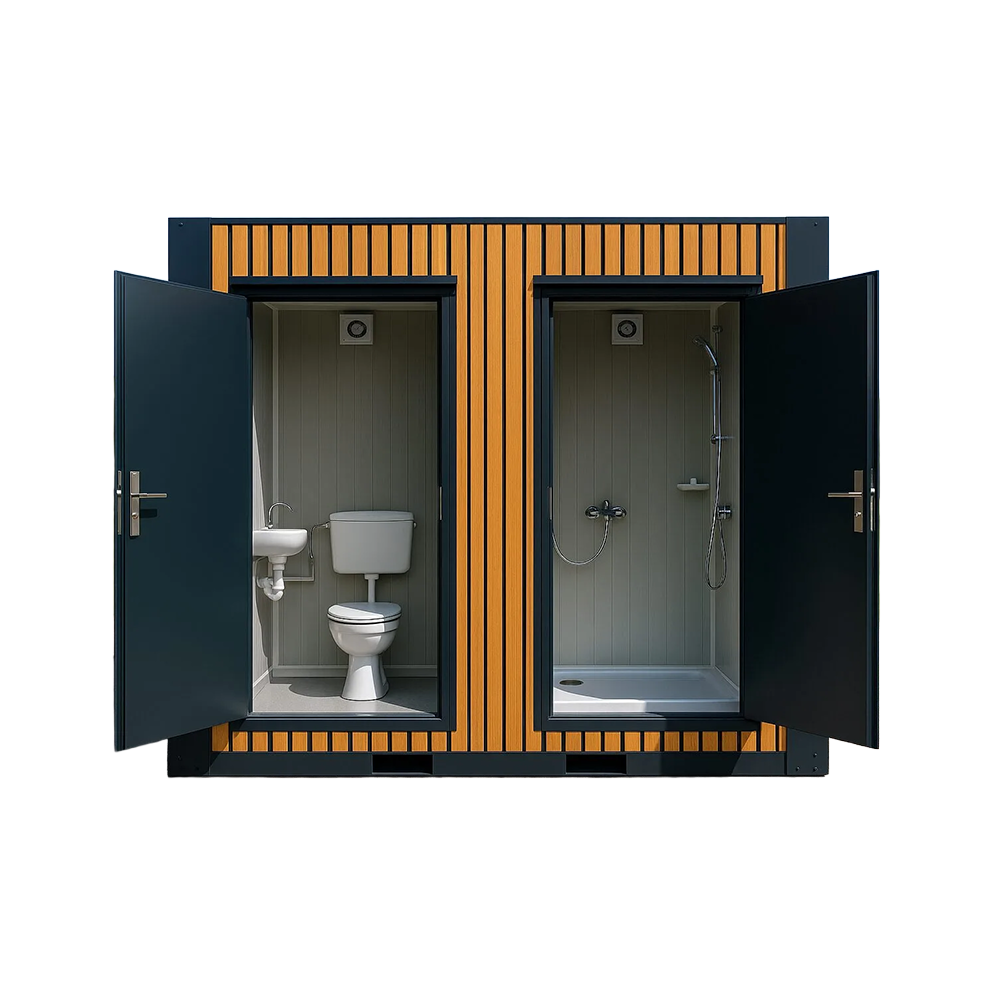 Front view of a portable toilet and shower unit with open doors