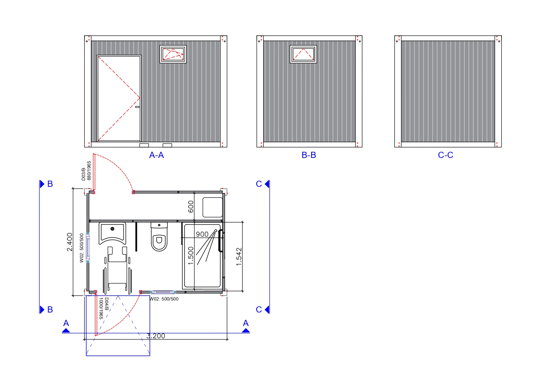 Blueprint of a wheelchair-accessible bathroom unit with technical room