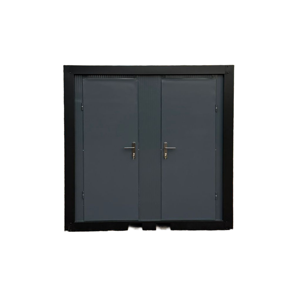 Voorzijde van een dubbele toiletunit met gesloten deuren.