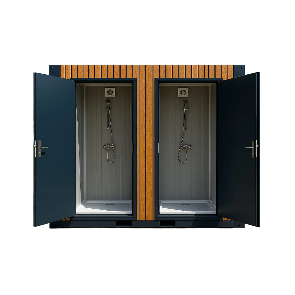 Dual portable shower unit front doors opened