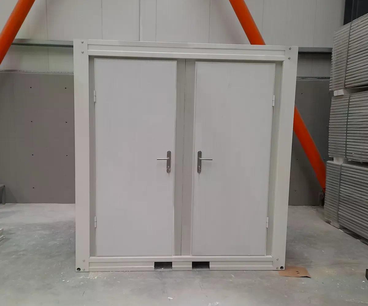 Dual portable toilet unit closed doors