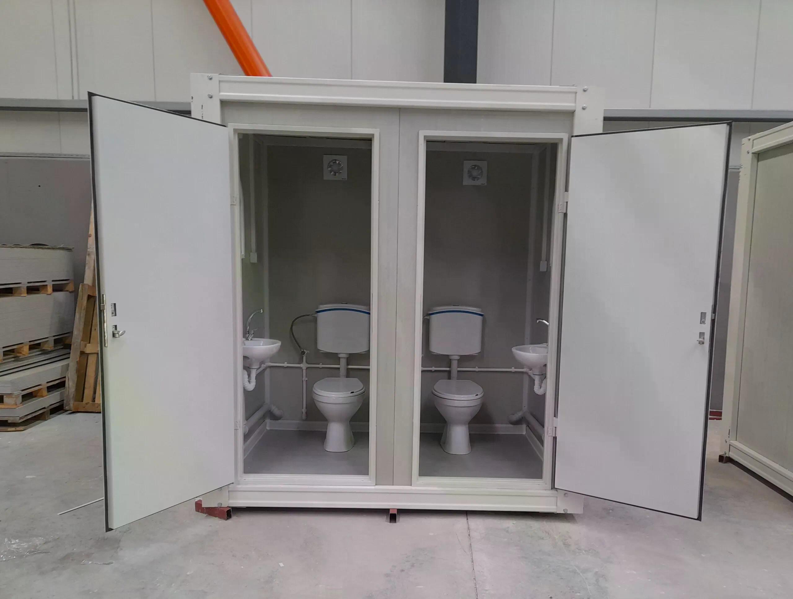 Dual portable toilet unit front doors opened