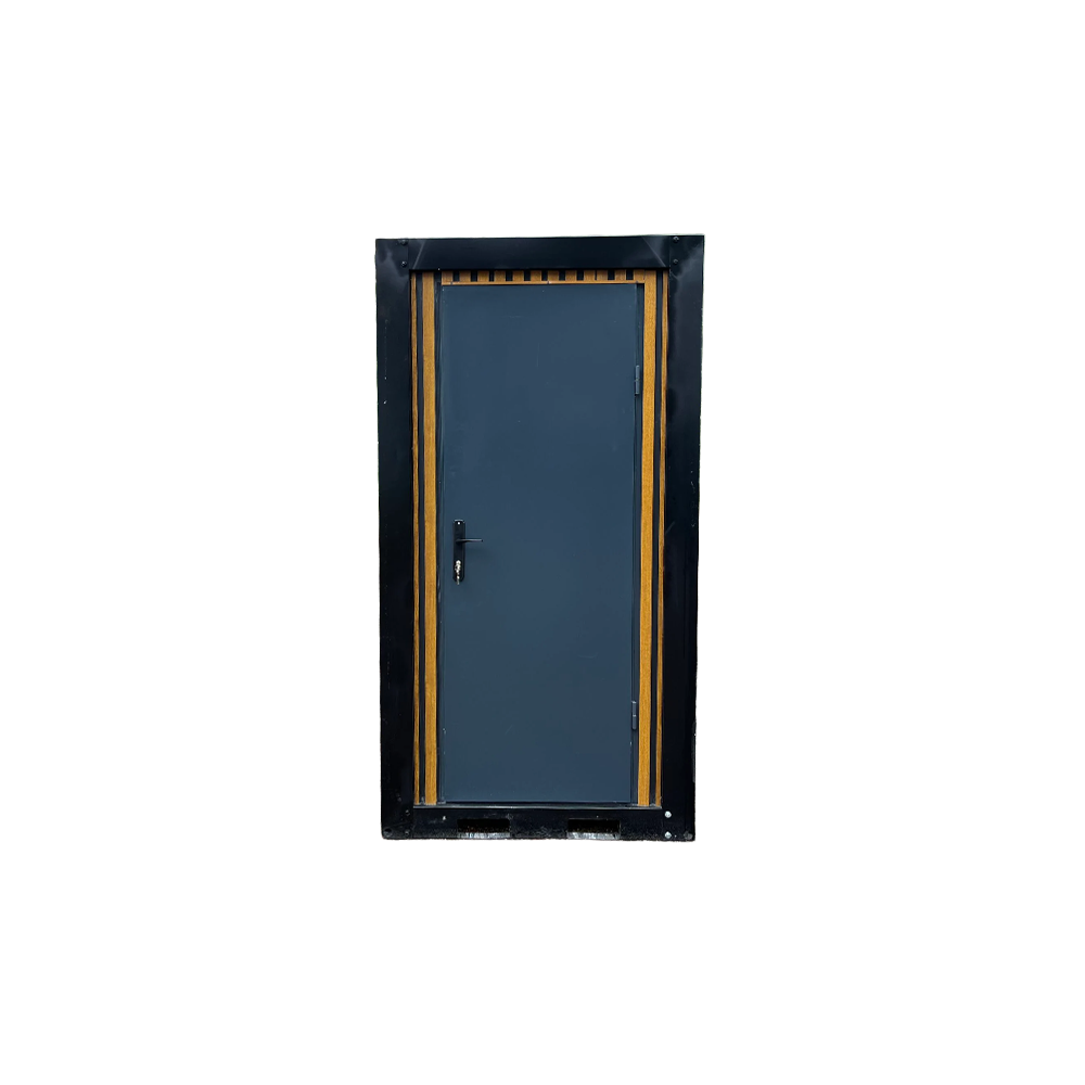 Front view of a luxury portable shower unit for camping with closed door