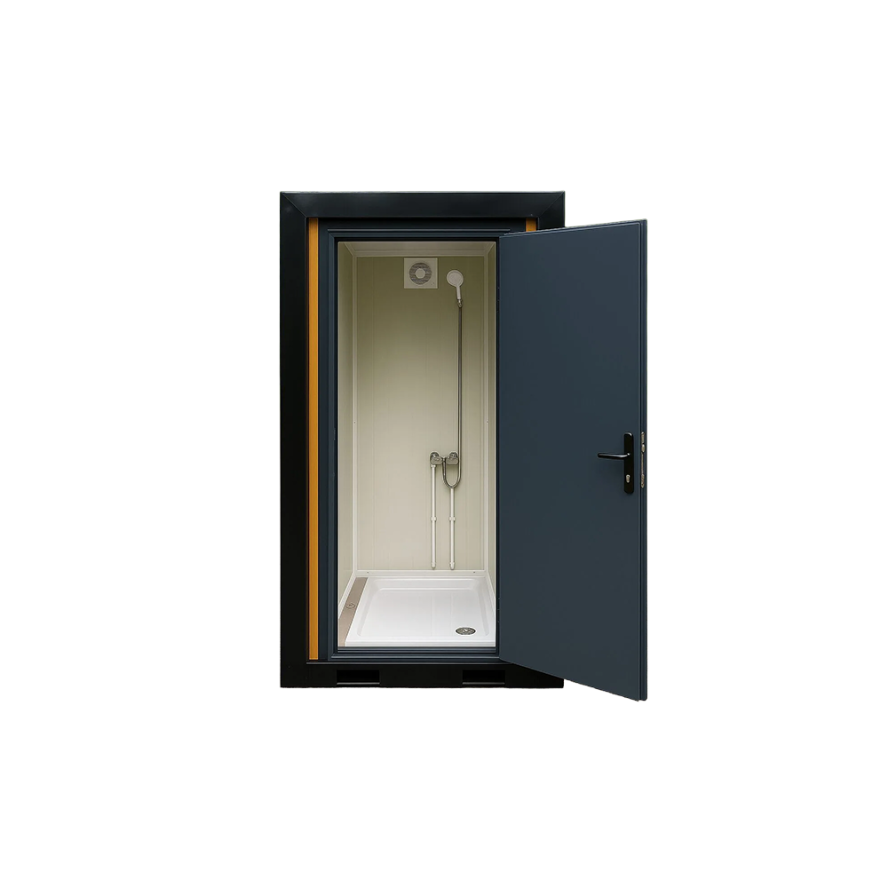 Front view of a luxury portable shower unit for camping with open door