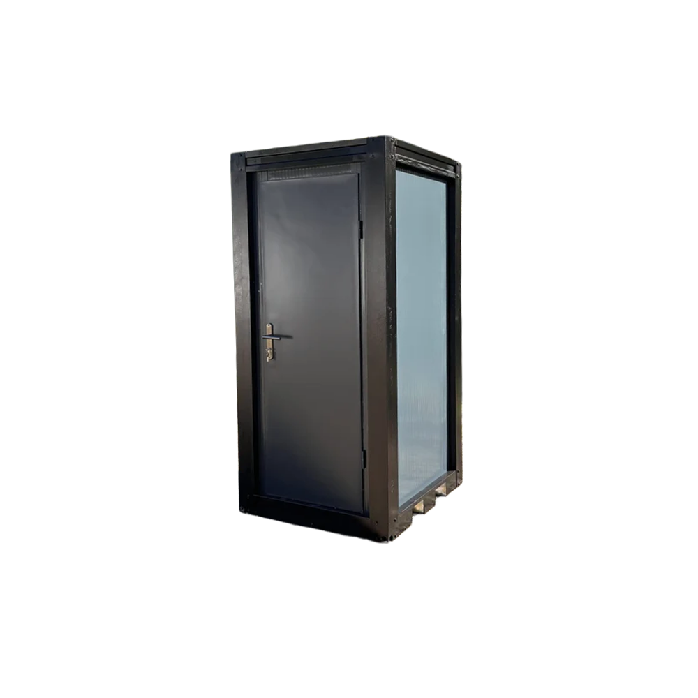 Front view of a luxury portable toilet unit for camping with closed door