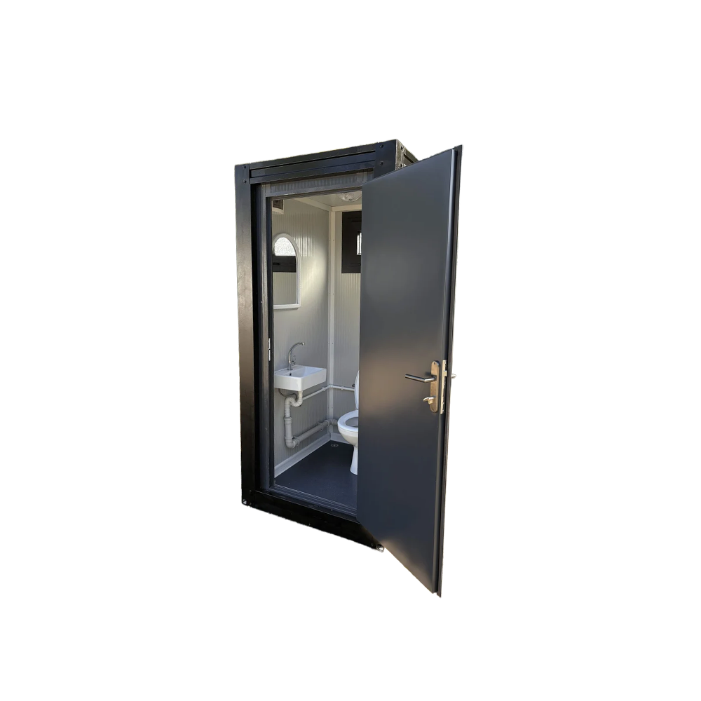 Front view of a luxury portable toilet unit for camping with open door