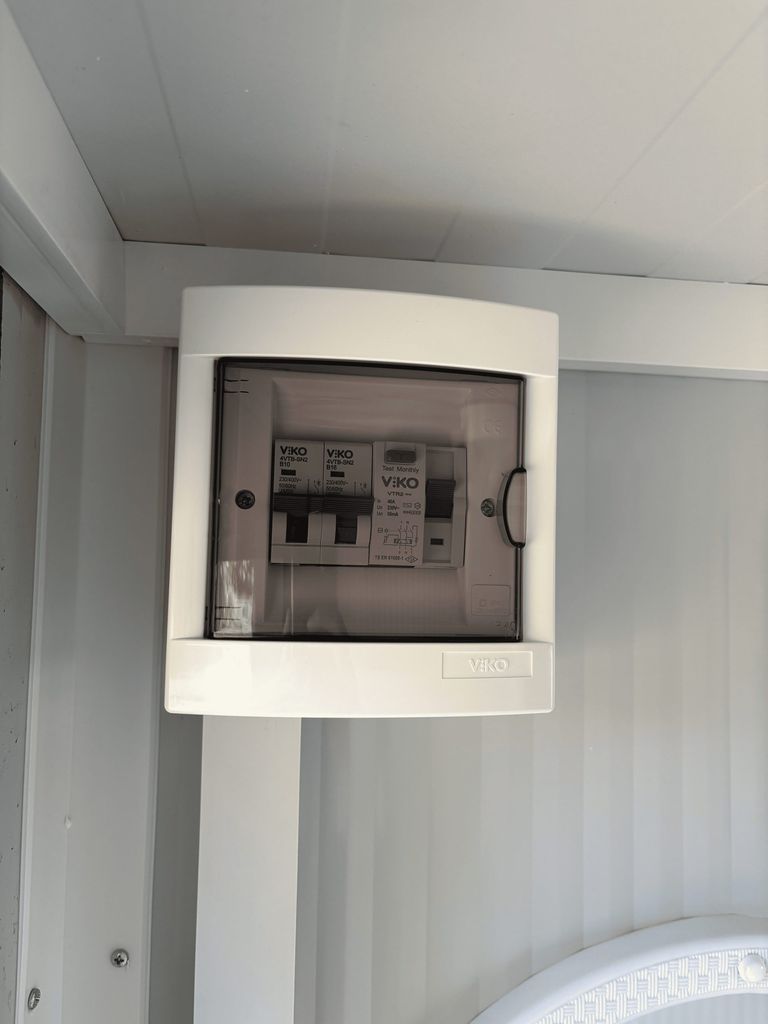 Fuse box inside a portable toilet unit for camping