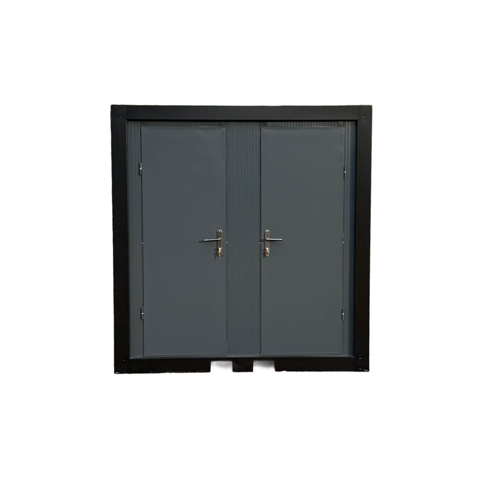 Voorzijde van een toilet- en urinoirunit met gesloten deuren.